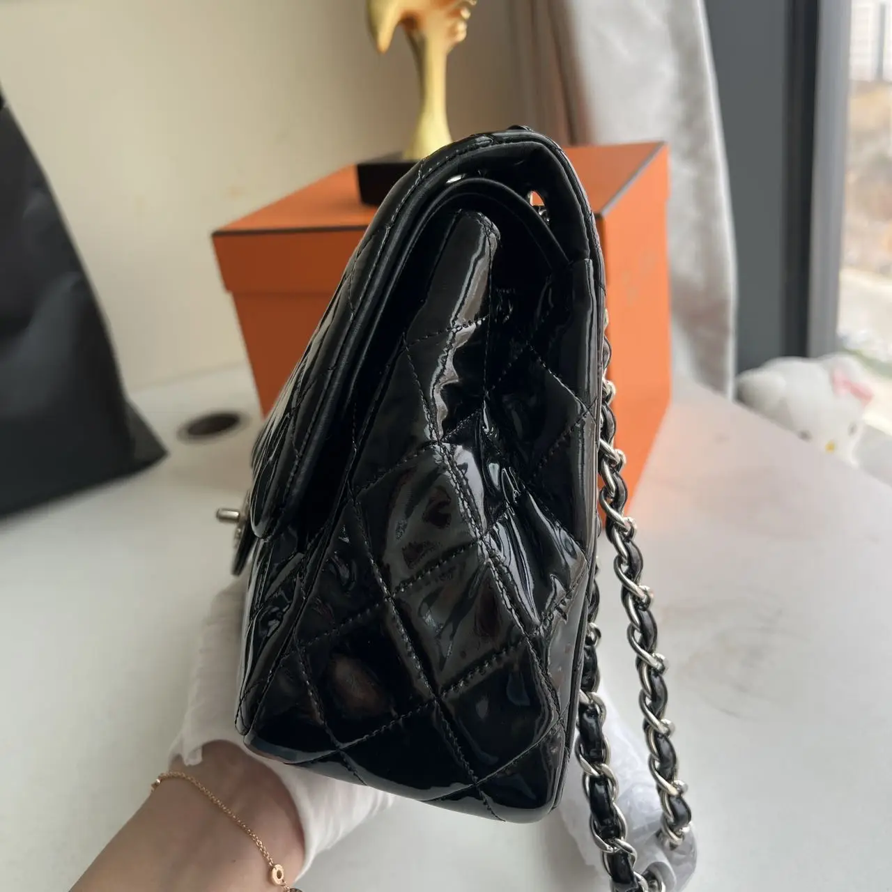 CHANEL Black Quilted Patent Leather Classic Jumbo Double Flap Bag CHANEL Black Quilted Patent Leather Classic Jumbo Double Flap Bag