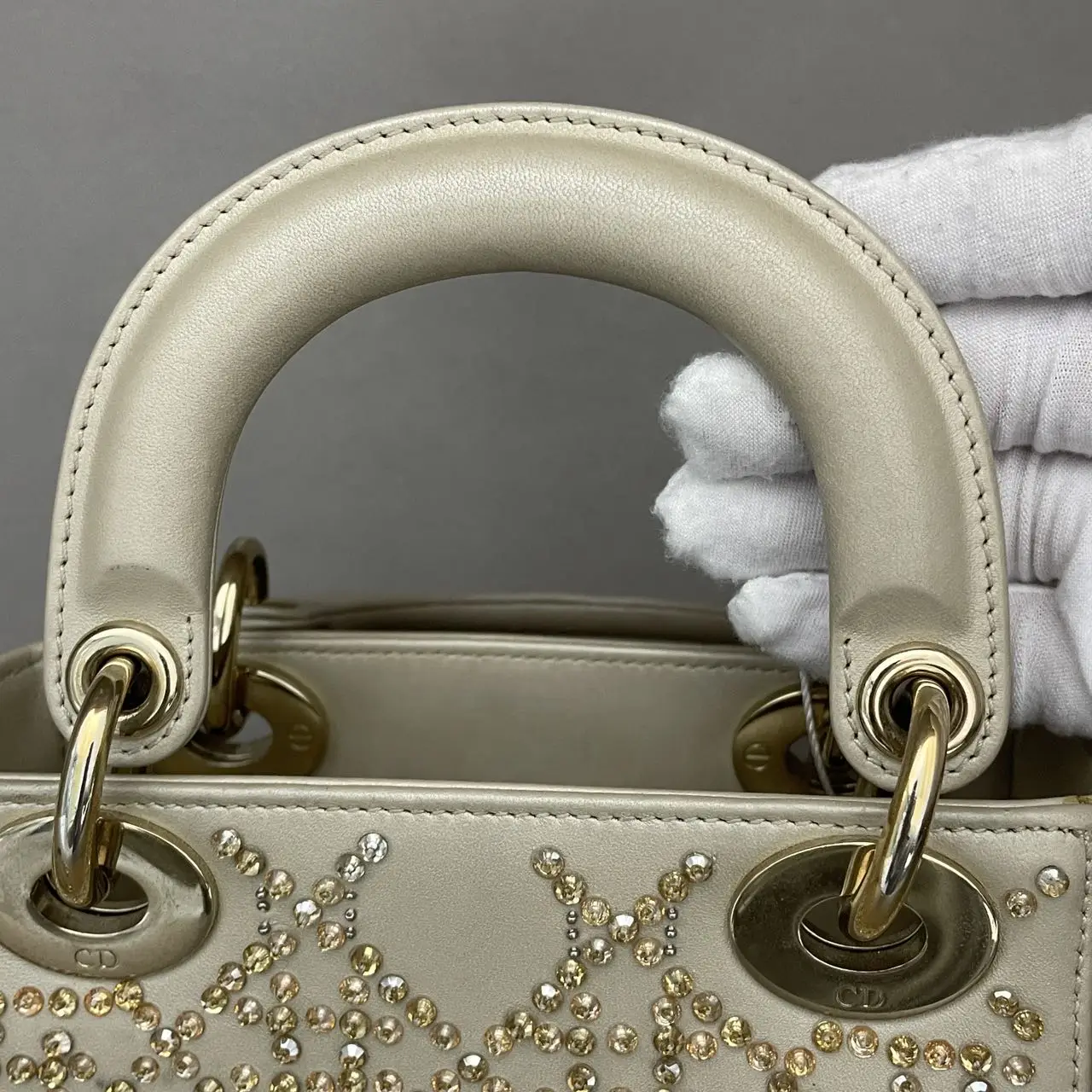 DIOR Lady Dior Mini Gold Calfskin Leather with Grystals Gold Hardware DIOR Lady Dior Mini Gold Calfskin Leather with Grystals Gold Hardware