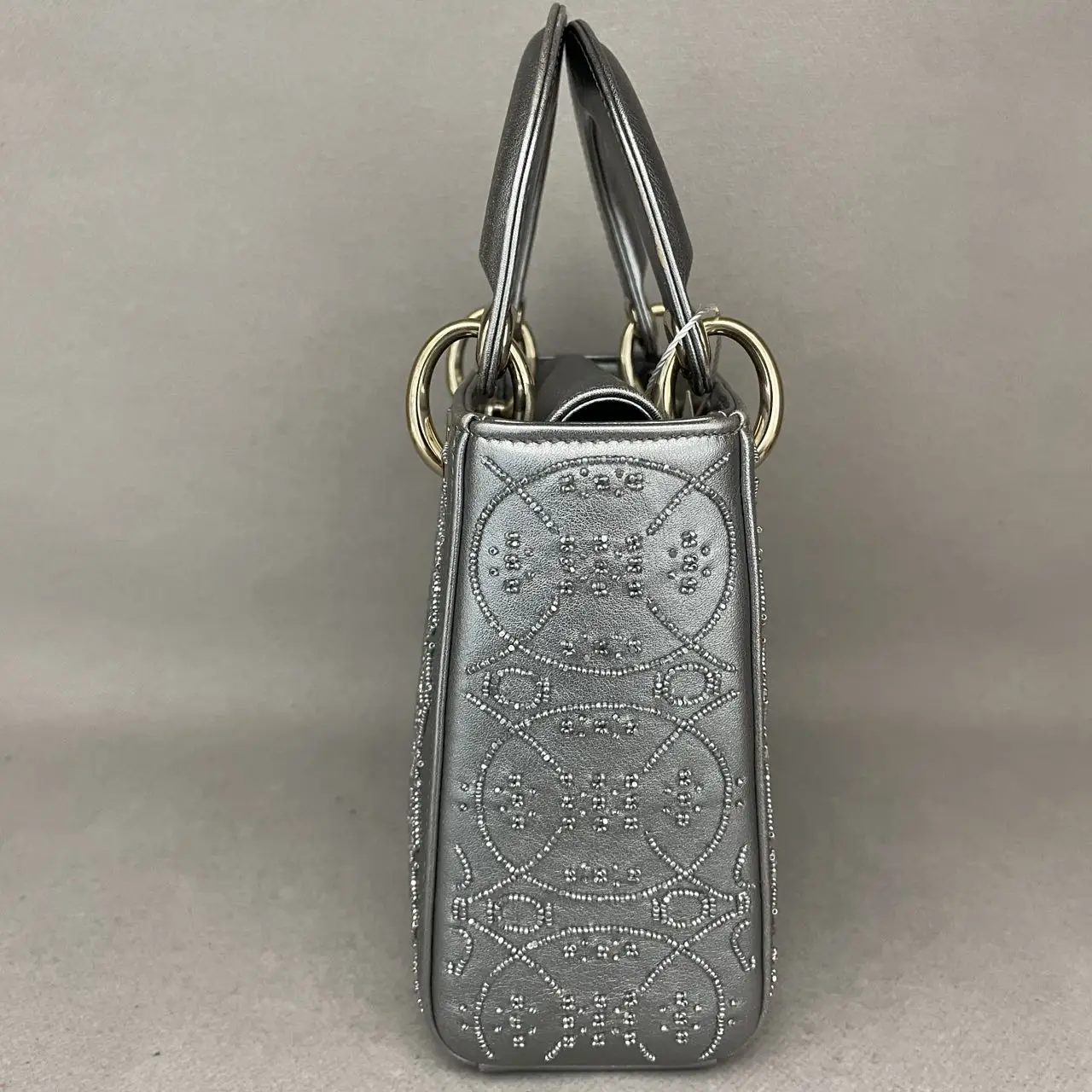 DIOR Lady Dior Mini Silver Grey Leather with Grystals Gold Hardware DIOR Lady Dior Mini Silver Grey Leather with Grystals Gold Hardware