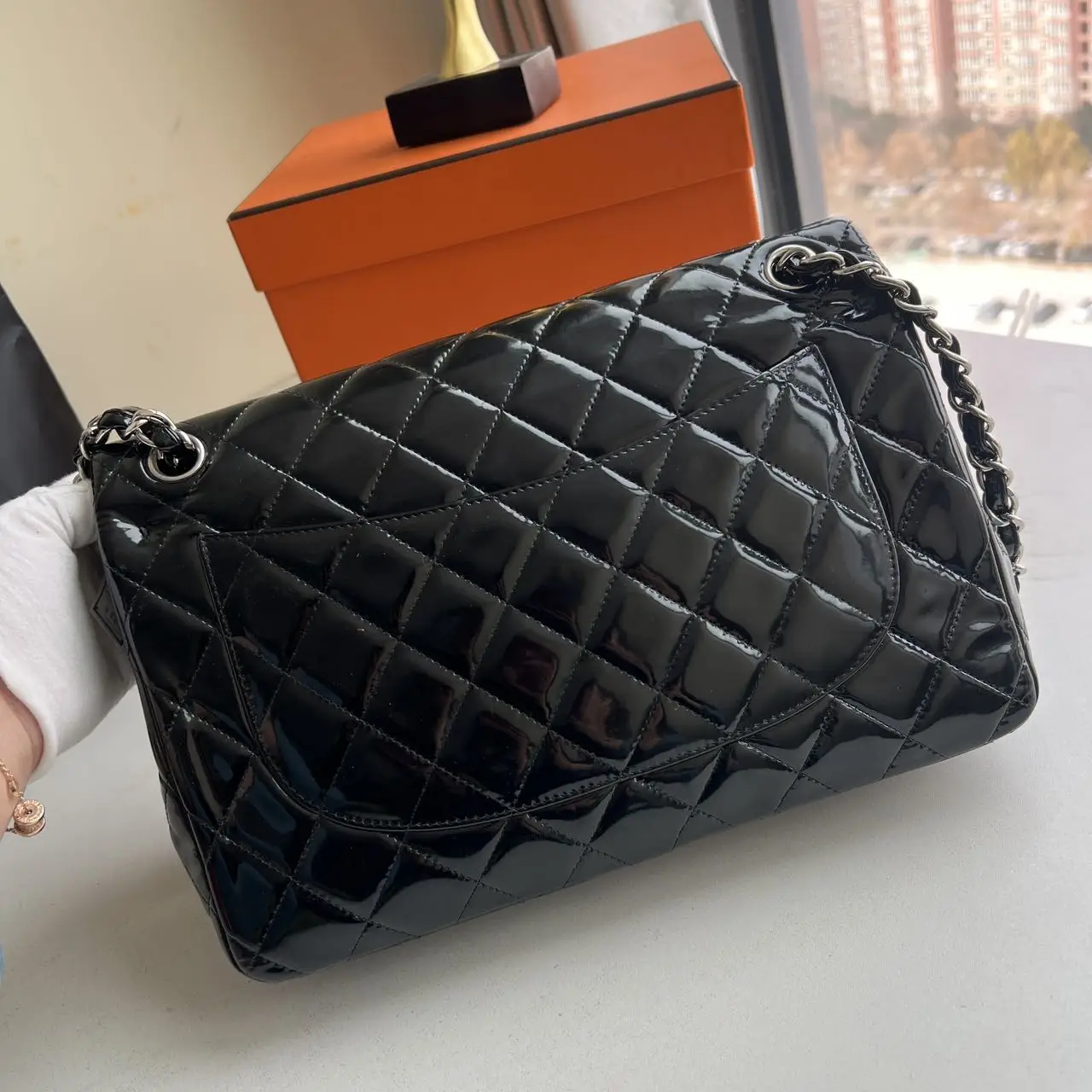 CHANEL Black Quilted Patent Leather Classic Jumbo Double Flap Bag CHANEL Black Quilted Patent Leather Classic Jumbo Double Flap Bag