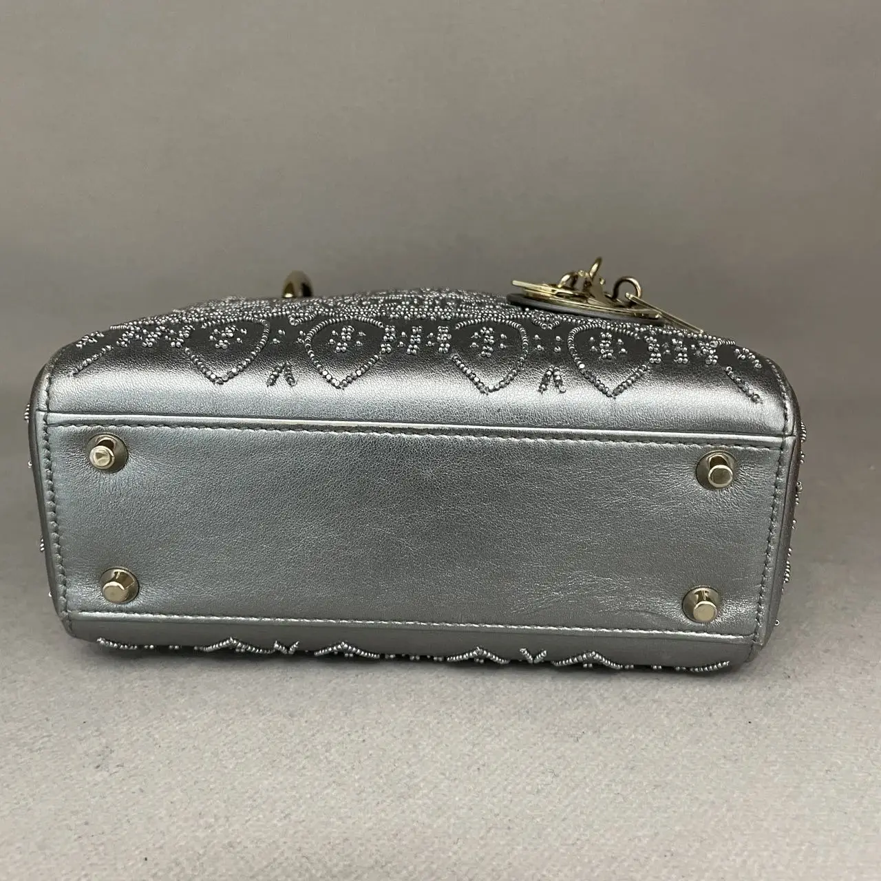 DIOR Lady Dior Mini Silver Grey Leather with Grystals Gold Hardware DIOR Lady Dior Mini Silver Grey Leather with Grystals Gold Hardware