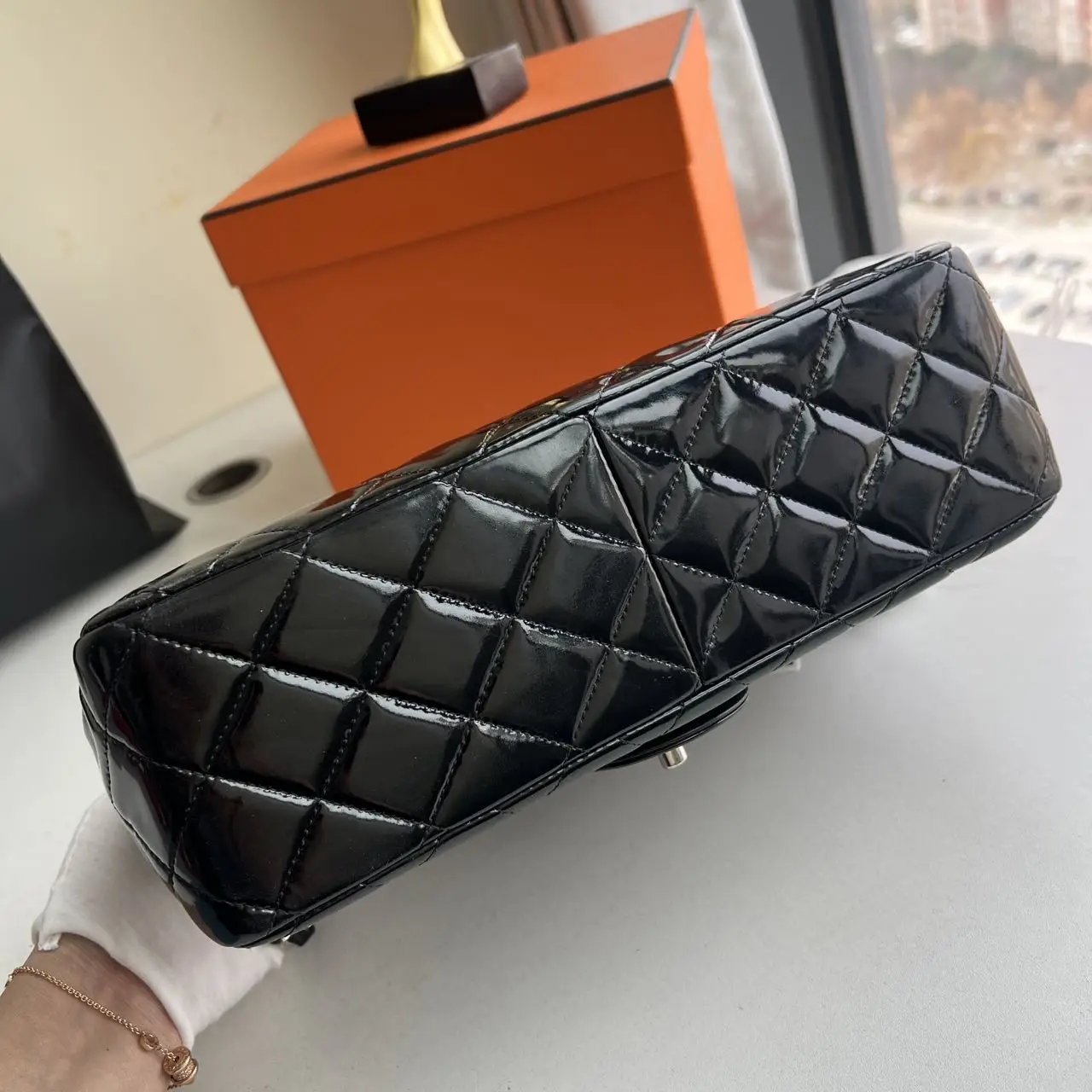 CHANEL Black Quilted Patent Leather Classic Jumbo Double Flap Bag CHANEL Black Quilted Patent Leather Classic Jumbo Double Flap Bag