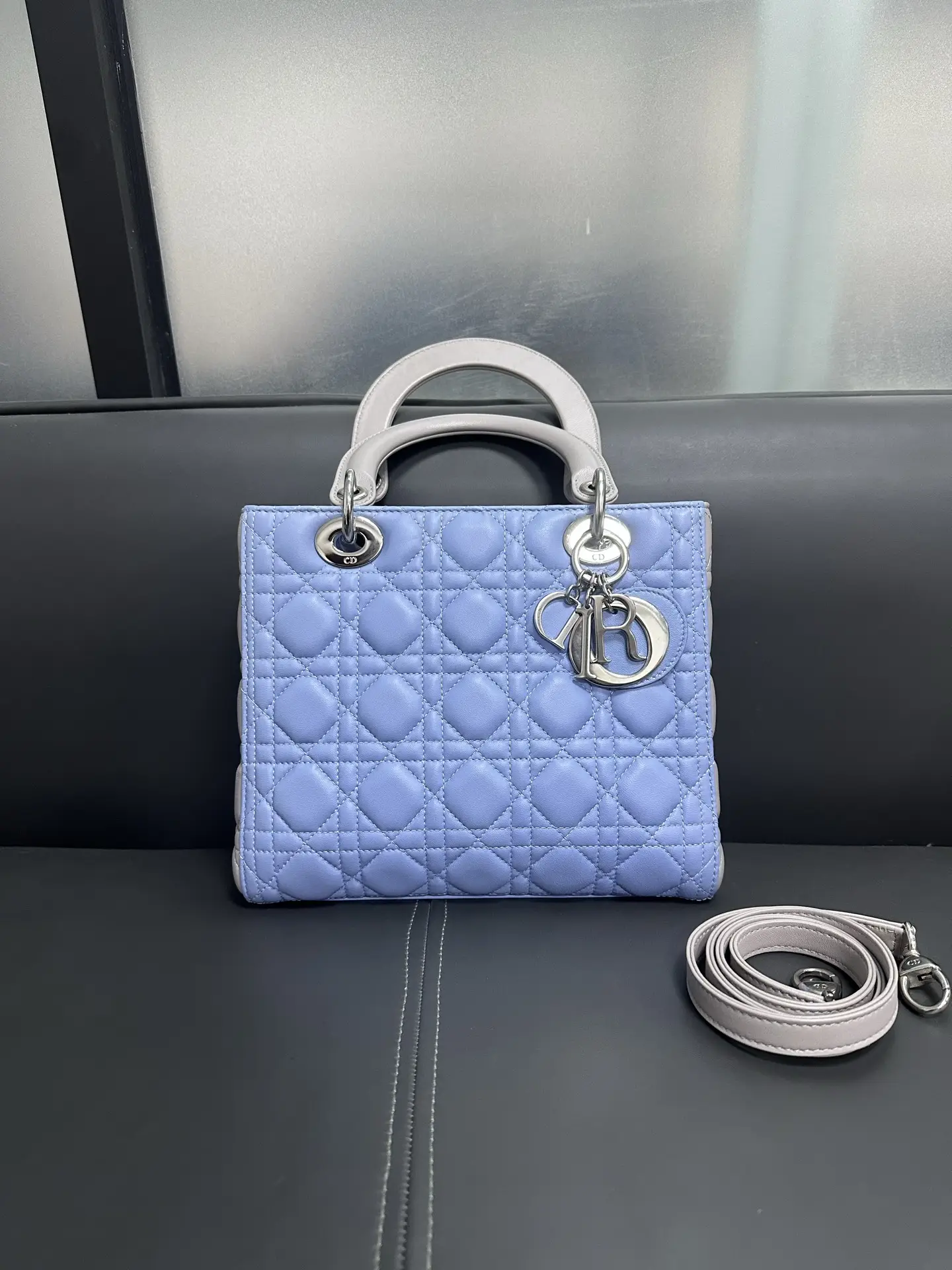 DIOR Small Lady Dior Bag in Blue/Grey Leather DIOR Small Lady Dior Bag in Blue/Grey Leather