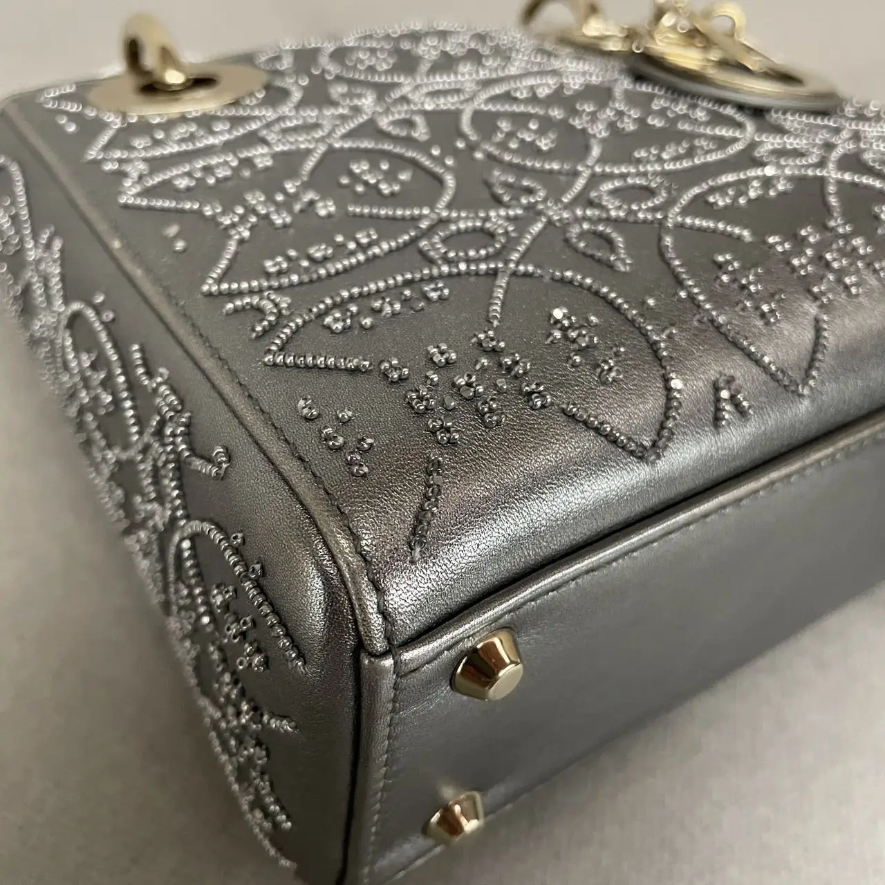 DIOR Lady Dior Mini Silver Grey Leather with Grystals Gold Hardware DIOR Lady Dior Mini Silver Grey Leather with Grystals Gold Hardware