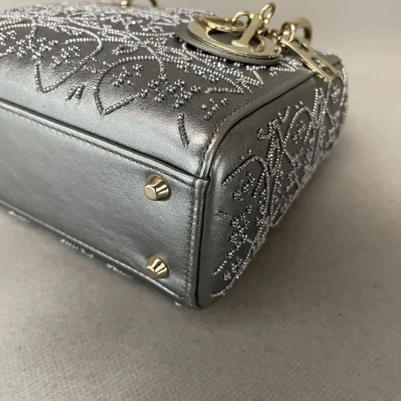 DIOR Lady Dior Mini Silver Grey Leather with Grystals Gold Hardware DIOR Lady Dior Mini Silver Grey Leather with Grystals Gold Hardware