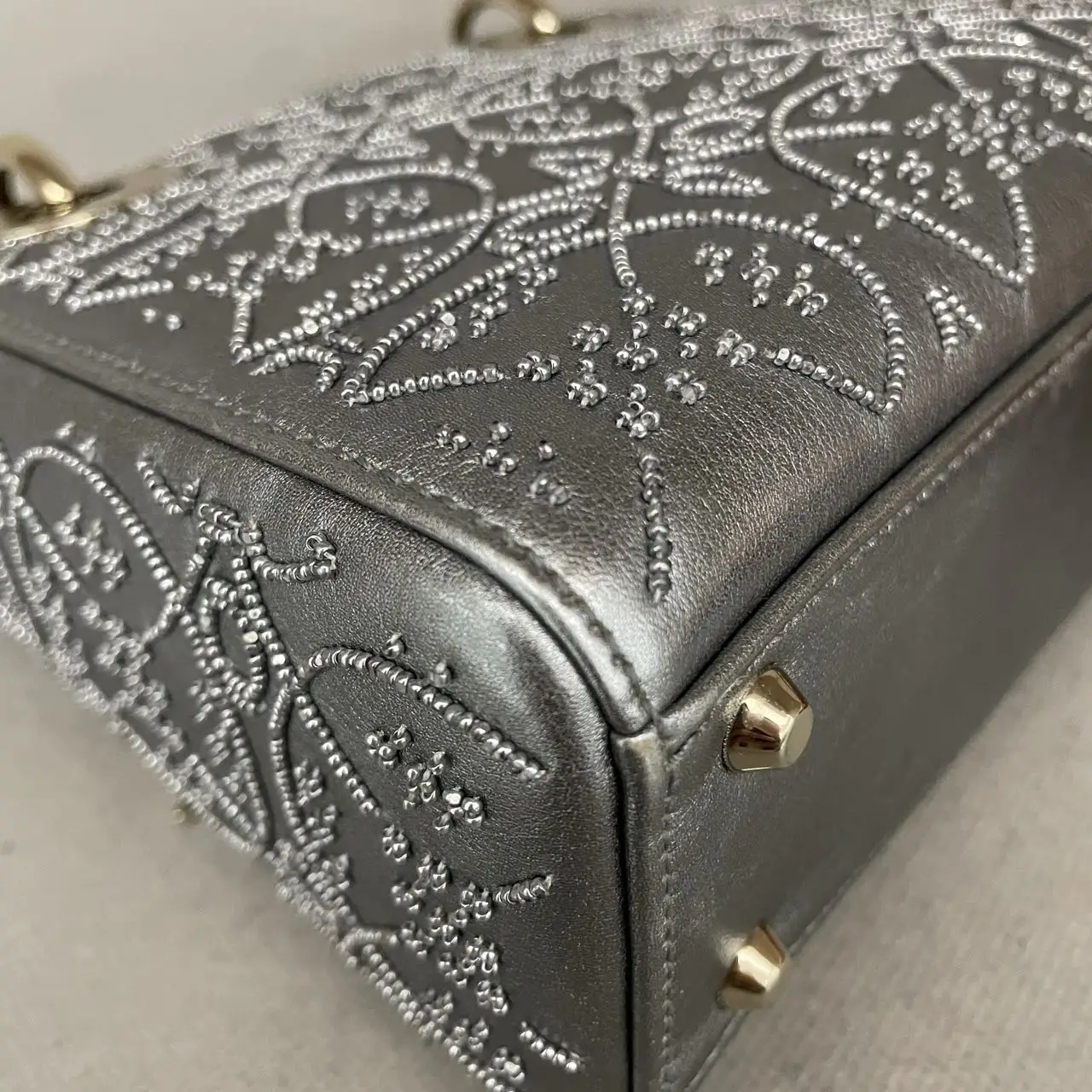 DIOR Lady Dior Mini Silver Grey Leather with Grystals Gold Hardware DIOR Lady Dior Mini Silver Grey Leather with Grystals Gold Hardware