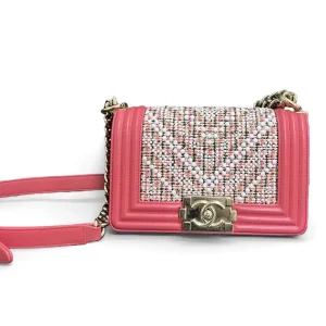 CHANEL Small Boy Bag Pink & Multicolor Tweed Chevron Pearl