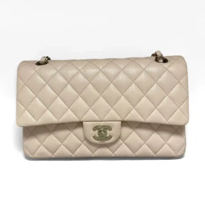 CHANEL Medium Classic Double Flap Bag Beige Caviar Leather