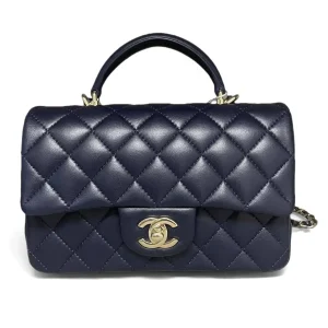 CHANEL Mini Classic Top Handle Flap Bag Blue Quilted Lambskin