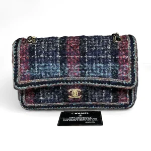 CHANEL Medium Classic Double Flap Bag Blue Multicolor Tweed