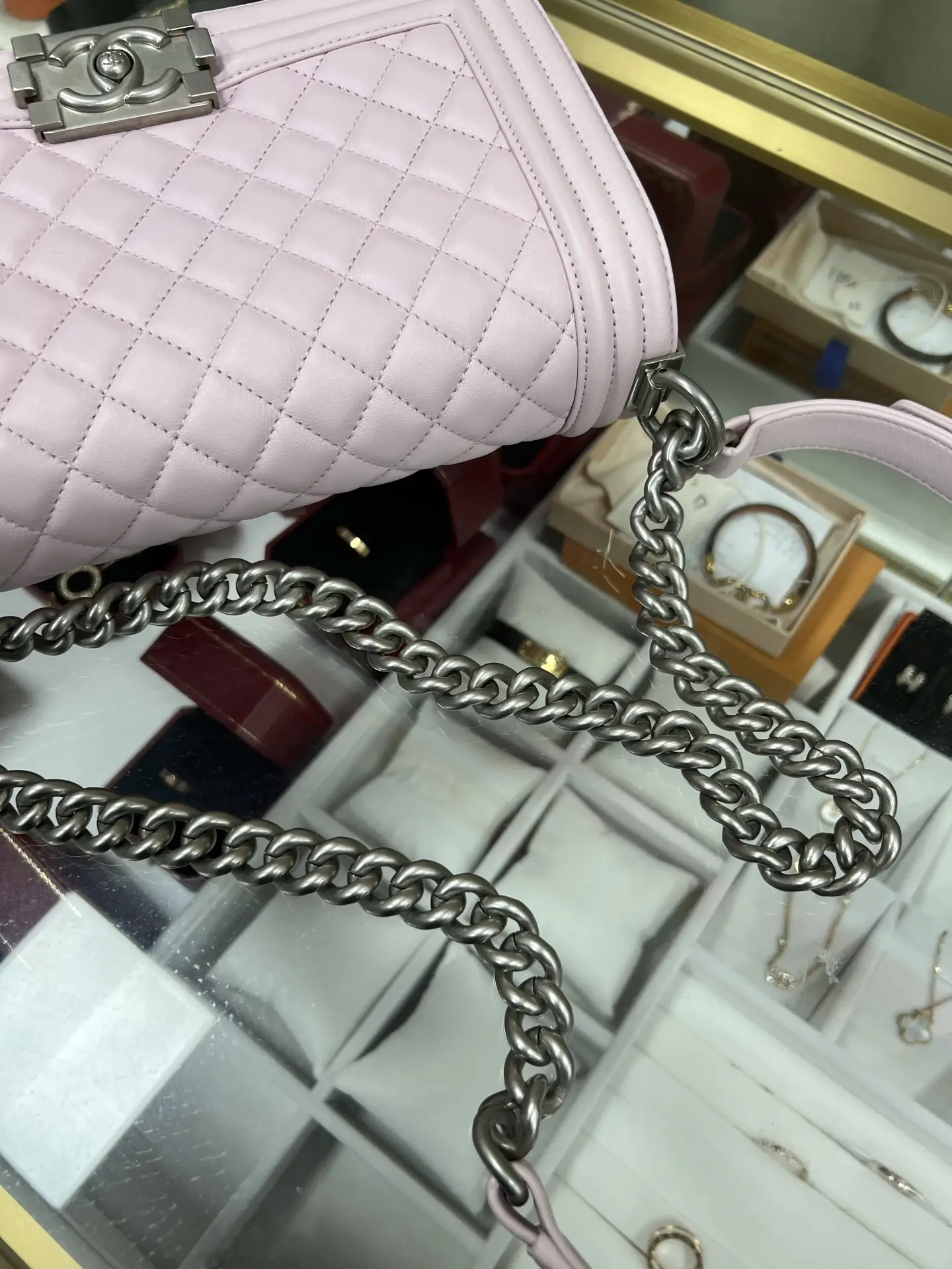 CHANEL Medium Boy Bag Pink Quilted Calfskin CHANEL Medium Boy Bag Pink Quilted Calfskin