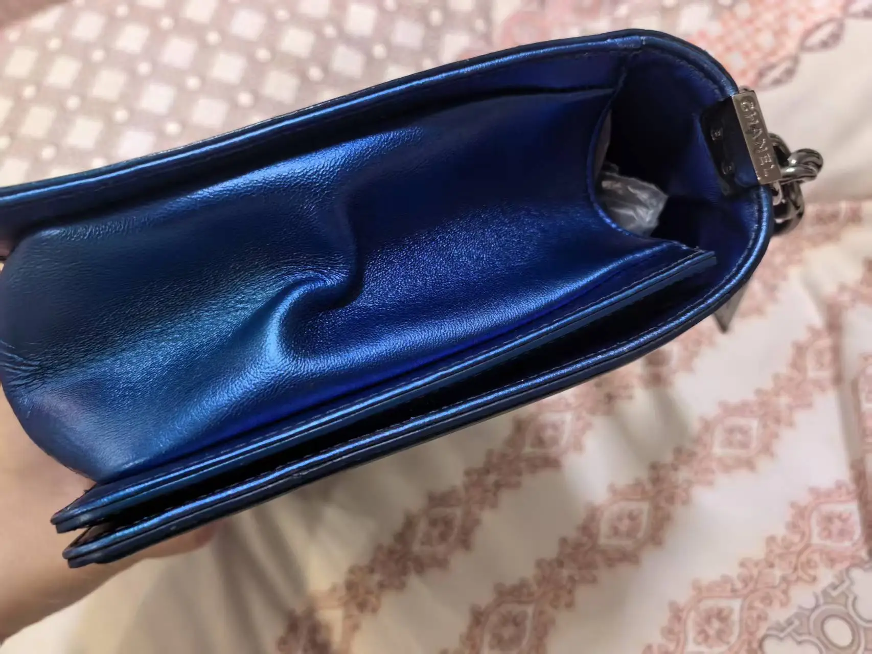 CHANEL Medium Boy Patent Leather Lake Blue CHANEL Medium Boy Patent Leather Lake Blue