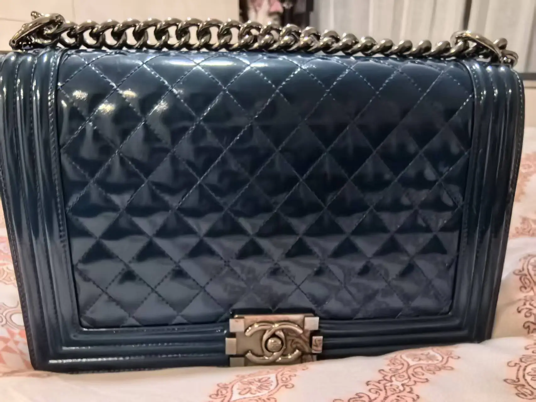 CHANEL Medium Boy Patent Leather Lake Blue CHANEL Medium Boy Patent Leather Lake Blue