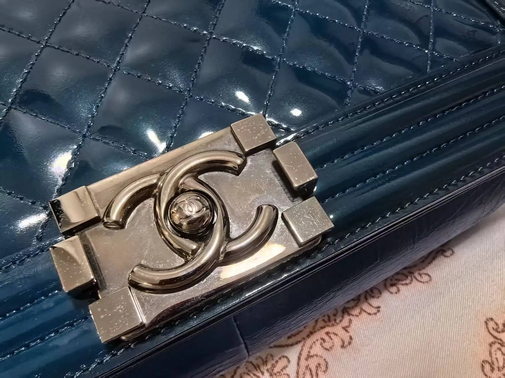 CHANEL Medium Boy Patent Leather Lake Blue CHANEL Medium Boy Patent Leather Lake Blue