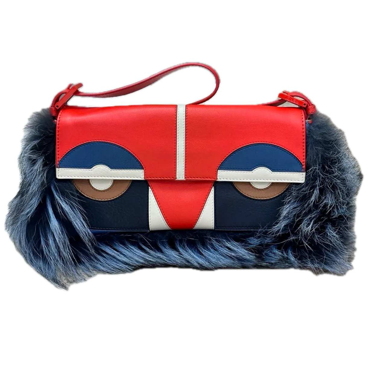 FENDI Baguette Multicolor Monsters Blue Faux Fur Shoulder Bag FENDI Baguette Multicolor Monsters Blue Faux Fur Shoulder Bag