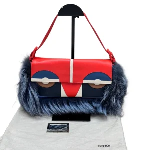 FENDI Baguette Multicolor Monsters Blue Faux Fur Shoulder Bag