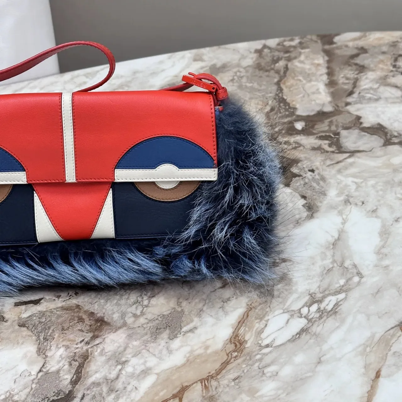 FENDI Baguette Multicolor Monsters Blue Faux Fur Shoulder Bag FENDI Baguette Multicolor Monsters Blue Faux Fur Shoulder Bag