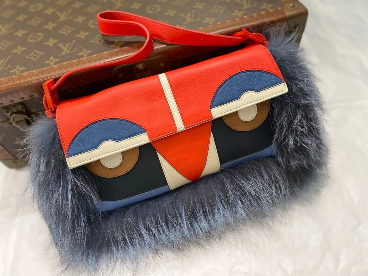FENDI Baguette Multicolor Monsters Blue Faux Fur Shoulder Bag FENDI Baguette Multicolor Monsters Blue Faux Fur Shoulder Bag