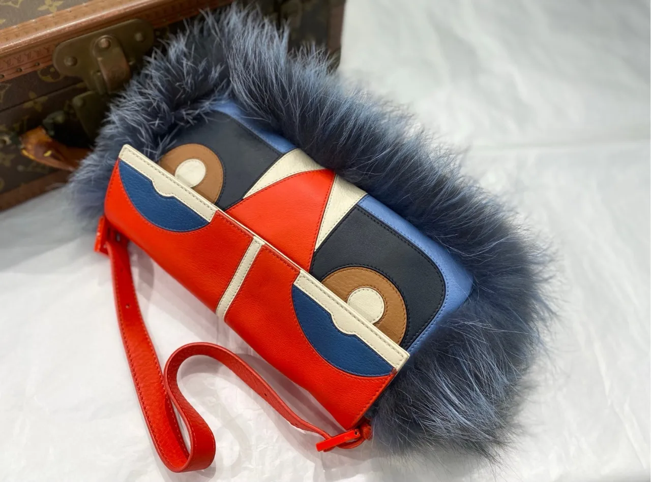 FENDI Baguette Multicolor Monsters Blue Faux Fur Shoulder Bag FENDI Baguette Multicolor Monsters Blue Faux Fur Shoulder Bag