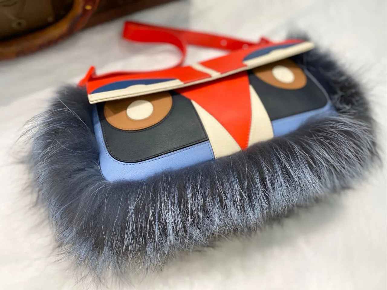 FENDI Baguette Multicolor Monsters Blue Faux Fur Shoulder Bag FENDI Baguette Multicolor Monsters Blue Faux Fur Shoulder Bag