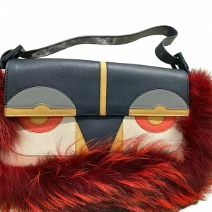 FENDI Baguette Multicolor Monsters Red Faux Fur Shoulder Bag Limited Collection