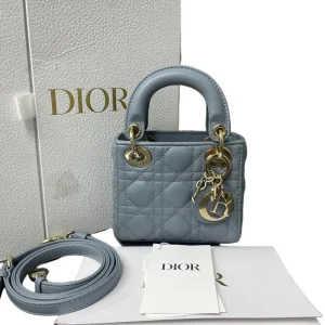 DIOR Lady Dior Micro Haze Blue Lambskin Cannage Bag Gold Hardware