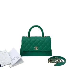 CHANEL Small Coco Handle Dark Green Quilted Caviar Bag Gold Hardware