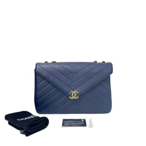 CHANEL Chevron Envelope Flap Large Blue Calfskin Leather Gold Hardware