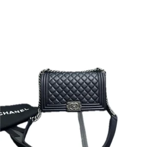 CHANEL Medium Boy Bag Black Calfskin Quilted Leather Silver-Tone Hardware