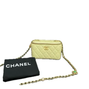 CHANEL Vanity Case With Chain Yellow Lambskin Quilted Box Bag