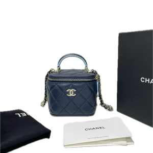 CHANEL Top Handle Vanity Case With Chain Dark Blue Lambskin Quilted Mini Box Bag