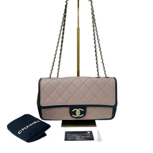 CHANEL Graphic Flap Medium Bag Beige Lambskin Leather With Black Trim
