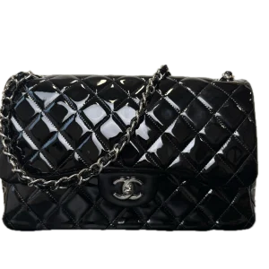 CHANEL Classic Jumbo Double Flap Bag Black Patent Silver Hardware