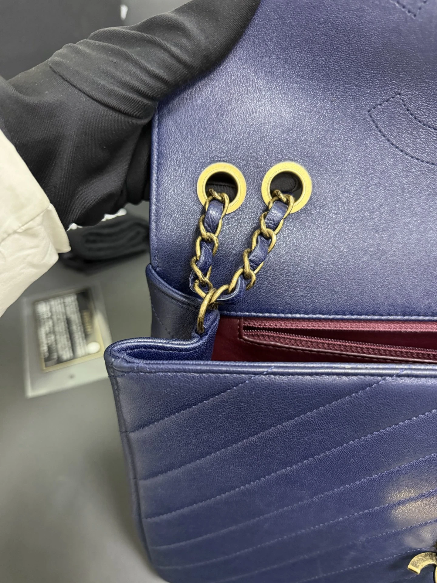 CHANEL Chevron Envelope Flap Large Blue Calfskin Leather Gold Hardware CHANEL Chevron Envelope Flap Large Blue Calfskin Leather Gold Hardware