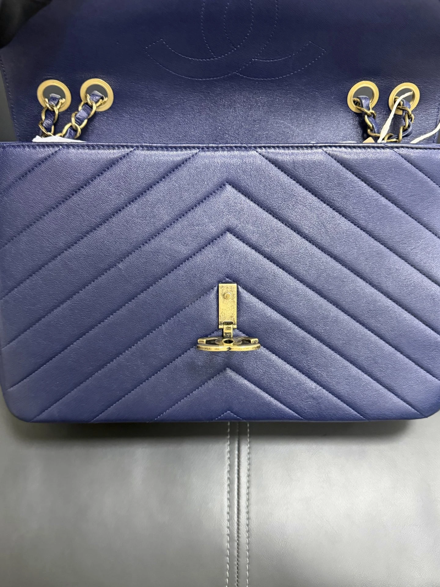 CHANEL Chevron Envelope Flap Large Blue Calfskin Leather Gold Hardware CHANEL Chevron Envelope Flap Large Blue Calfskin Leather Gold Hardware