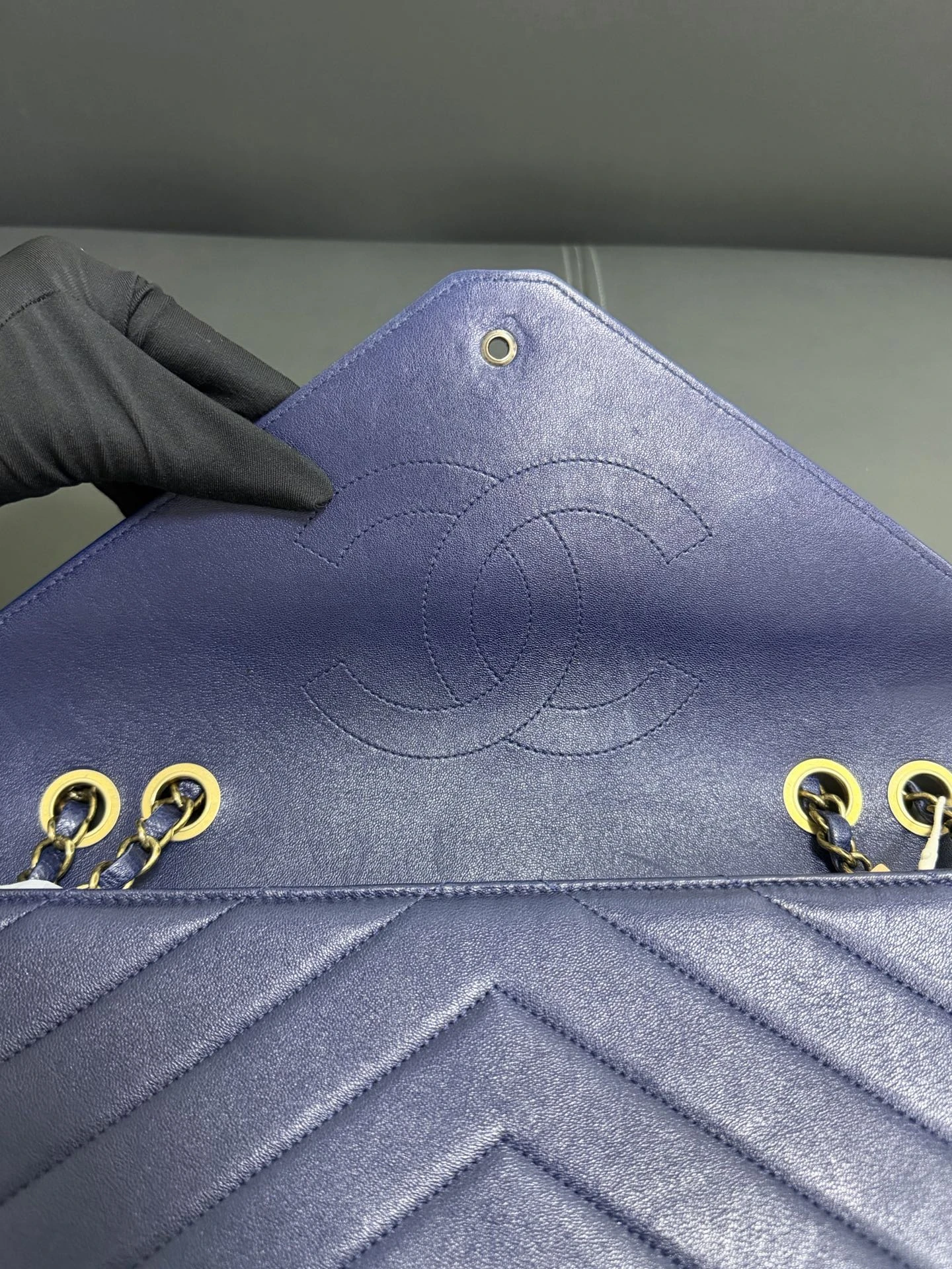 CHANEL Chevron Envelope Flap Large Blue Calfskin Leather Gold Hardware CHANEL Chevron Envelope Flap Large Blue Calfskin Leather Gold Hardware