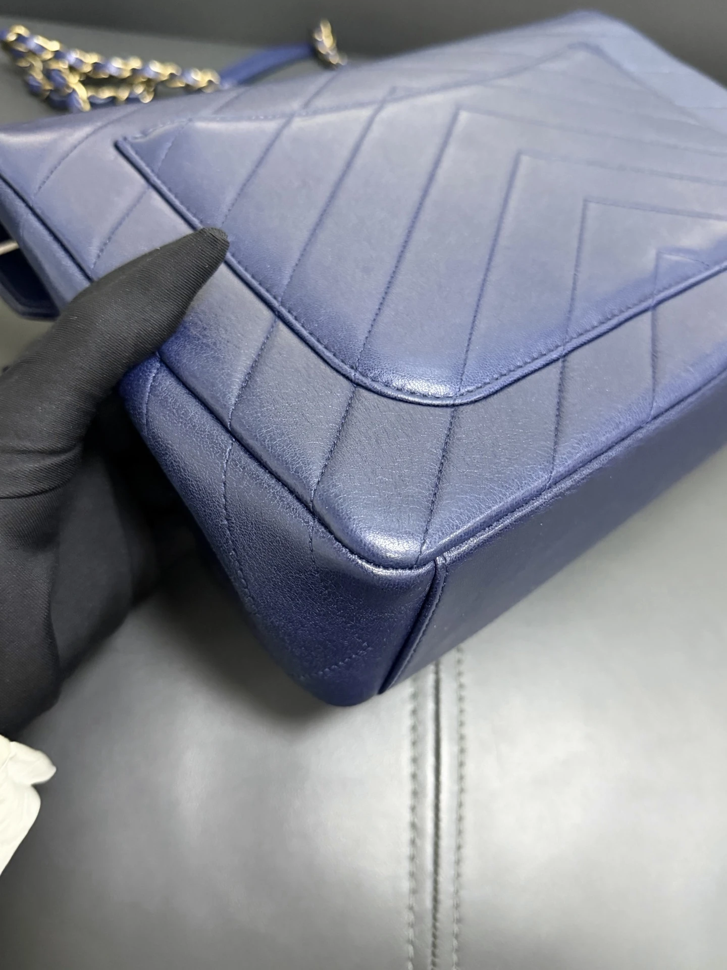 CHANEL Chevron Envelope Flap Large Blue Calfskin Leather Gold Hardware CHANEL Chevron Envelope Flap Large Blue Calfskin Leather Gold Hardware