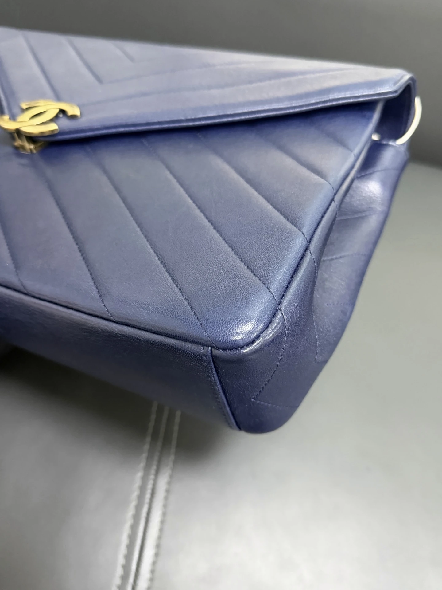 CHANEL Chevron Envelope Flap Large Blue Calfskin Leather Gold Hardware CHANEL Chevron Envelope Flap Large Blue Calfskin Leather Gold Hardware