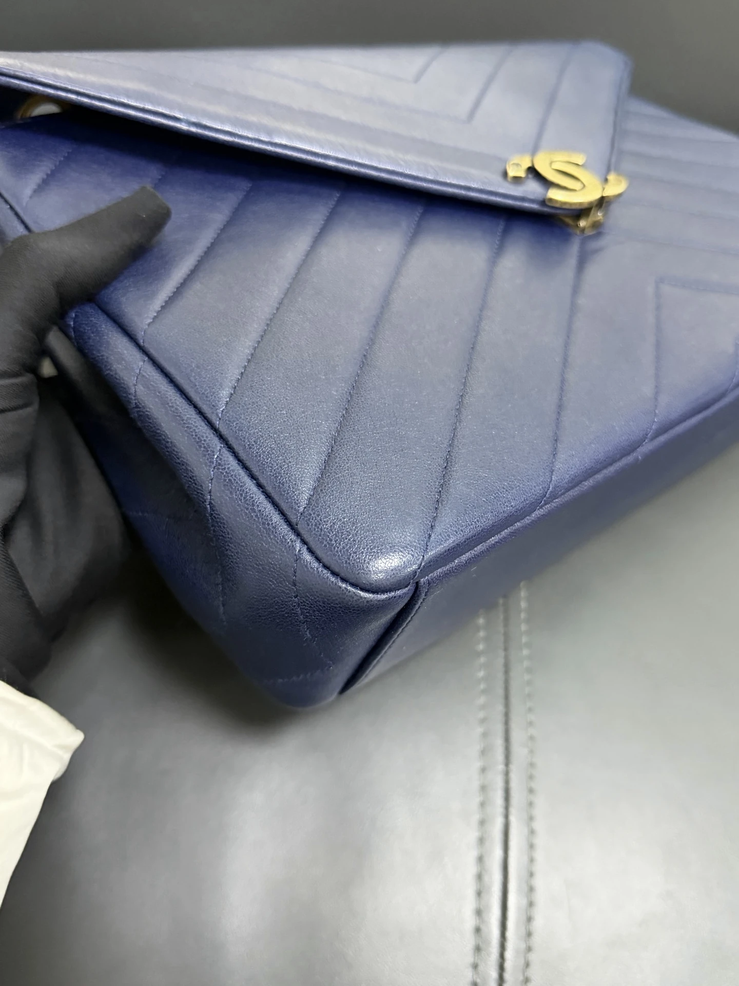 CHANEL Chevron Envelope Flap Large Blue Calfskin Leather Gold Hardware CHANEL Chevron Envelope Flap Large Blue Calfskin Leather Gold Hardware