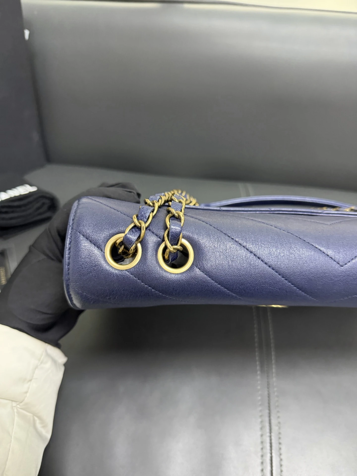 CHANEL Chevron Envelope Flap Large Blue Calfskin Leather Gold Hardware CHANEL Chevron Envelope Flap Large Blue Calfskin Leather Gold Hardware