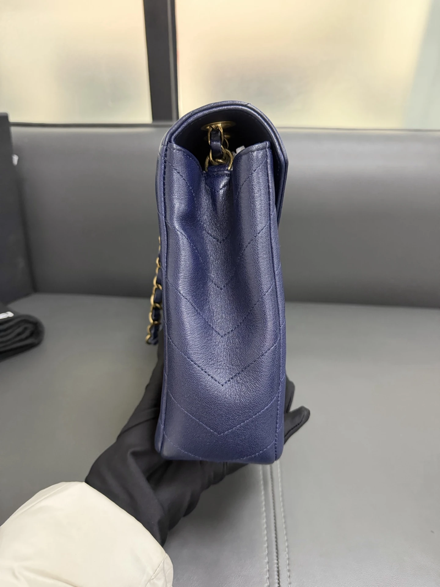 CHANEL Chevron Envelope Flap Large Blue Calfskin Leather Gold Hardware CHANEL Chevron Envelope Flap Large Blue Calfskin Leather Gold Hardware