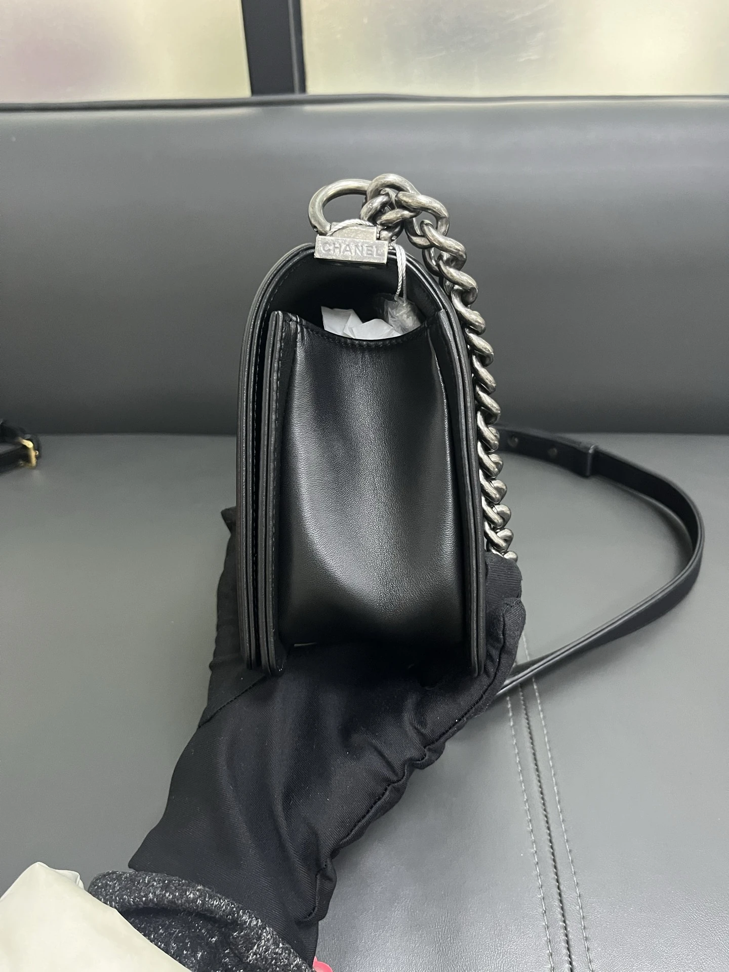 CHANEL Medium Boy Bag Black Calfskin Quilted Leather Silver-Tone Hardware CHANEL Medium Boy Bag Black Calfskin Quilted Leather Silver-Tone Hardware