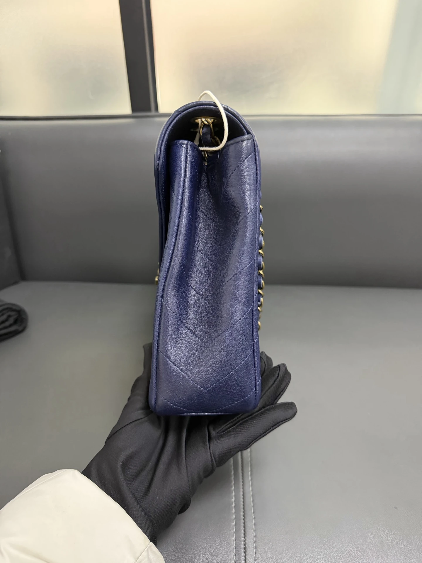 CHANEL Chevron Envelope Flap Large Blue Calfskin Leather Gold Hardware CHANEL Chevron Envelope Flap Large Blue Calfskin Leather Gold Hardware