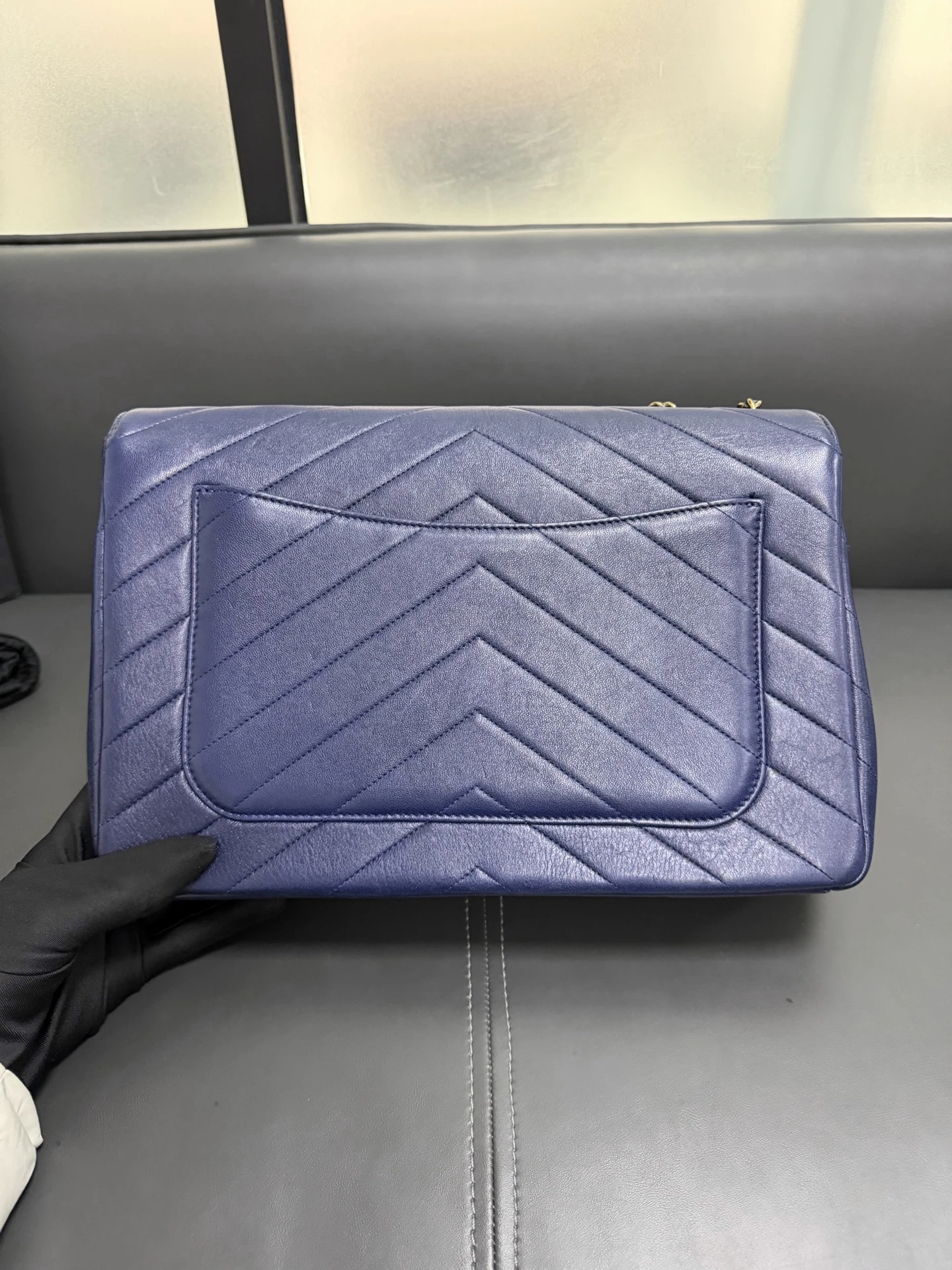 CHANEL Chevron Envelope Flap Large Blue Calfskin Leather Gold Hardware CHANEL Chevron Envelope Flap Large Blue Calfskin Leather Gold Hardware