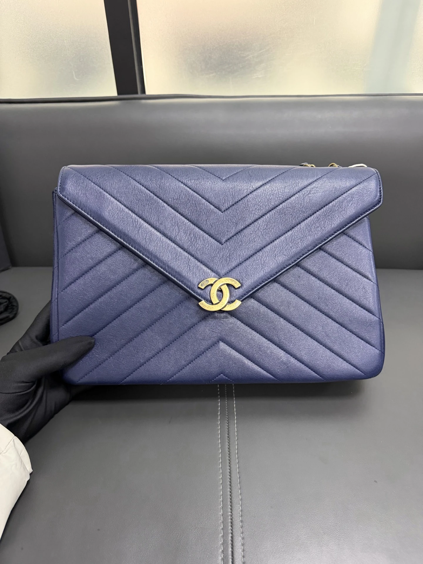 CHANEL Chevron Envelope Flap Large Blue Calfskin Leather Gold Hardware CHANEL Chevron Envelope Flap Large Blue Calfskin Leather Gold Hardware