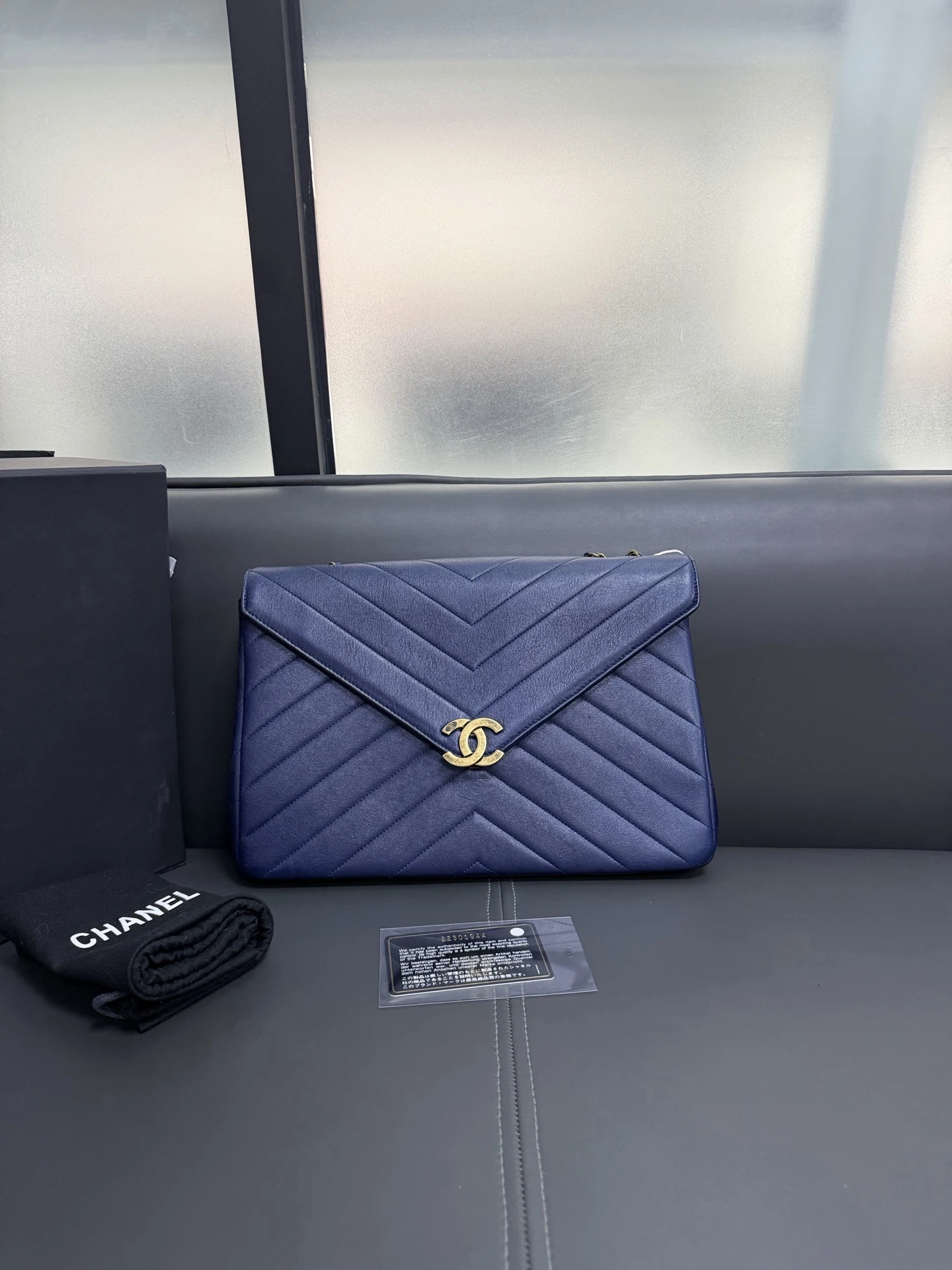 CHANEL Chevron Envelope Flap Large Blue Calfskin Leather Gold Hardware CHANEL Chevron Envelope Flap Large Blue Calfskin Leather Gold Hardware