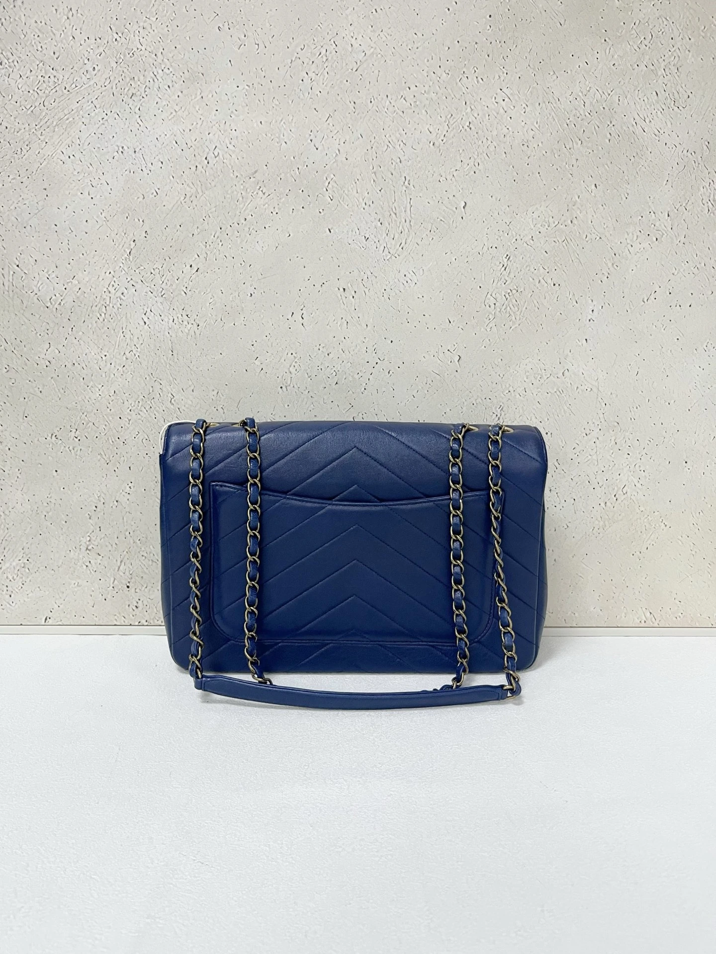 CHANEL Chevron Envelope Flap Large Blue Calfskin Leather Gold Hardware CHANEL Chevron Envelope Flap Large Blue Calfskin Leather Gold Hardware