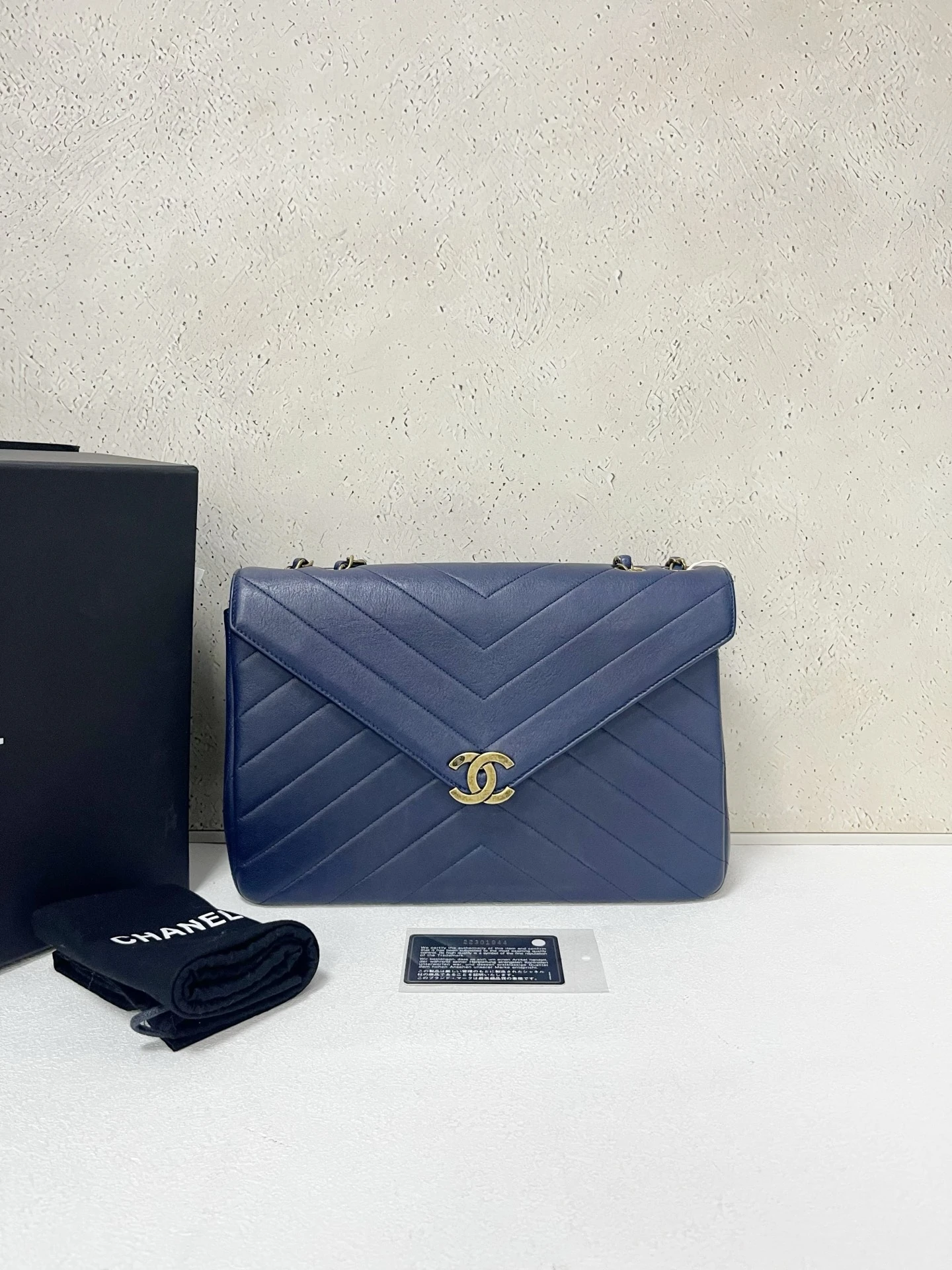 CHANEL Chevron Envelope Flap Large Blue Calfskin Leather Gold Hardware CHANEL Chevron Envelope Flap Large Blue Calfskin Leather Gold Hardware