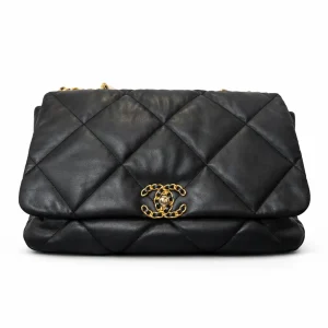 CHANEL Black Maxi 19 Bag in Quilted Goatskin Leather with Mixed Hardware