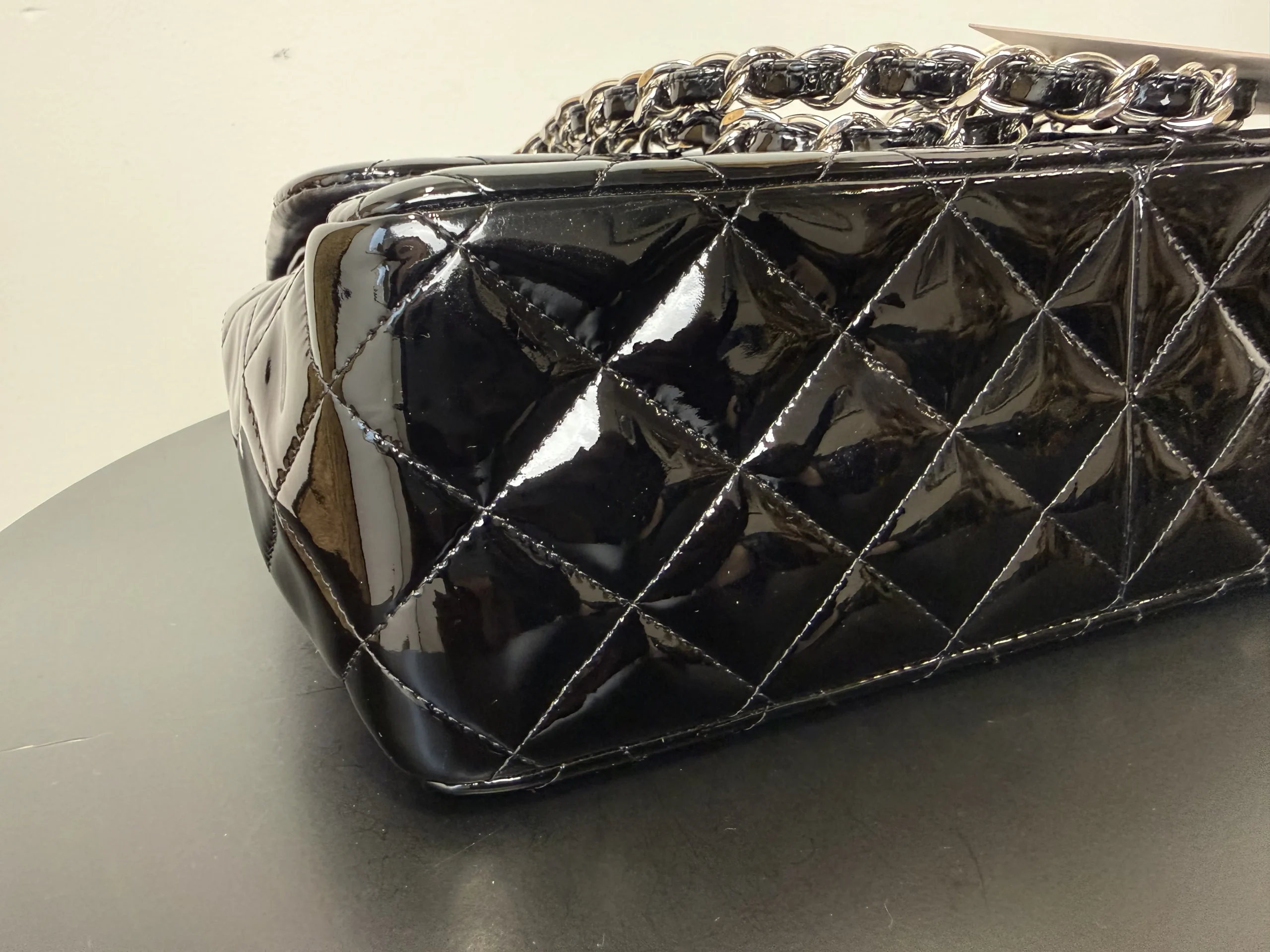 CHANEL Classic Jumbo Double Flap Bag Black Patent Silver Hardware CHANEL Classic Jumbo Double Flap Bag Black Patent Silver Hardware